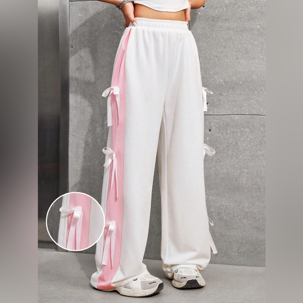 Women's White and Pink Pants with Bow Accents